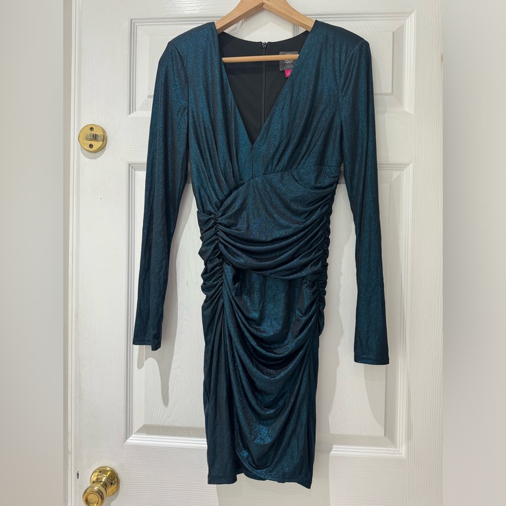 Party wear shimmer teal blue Vince Camuto dress